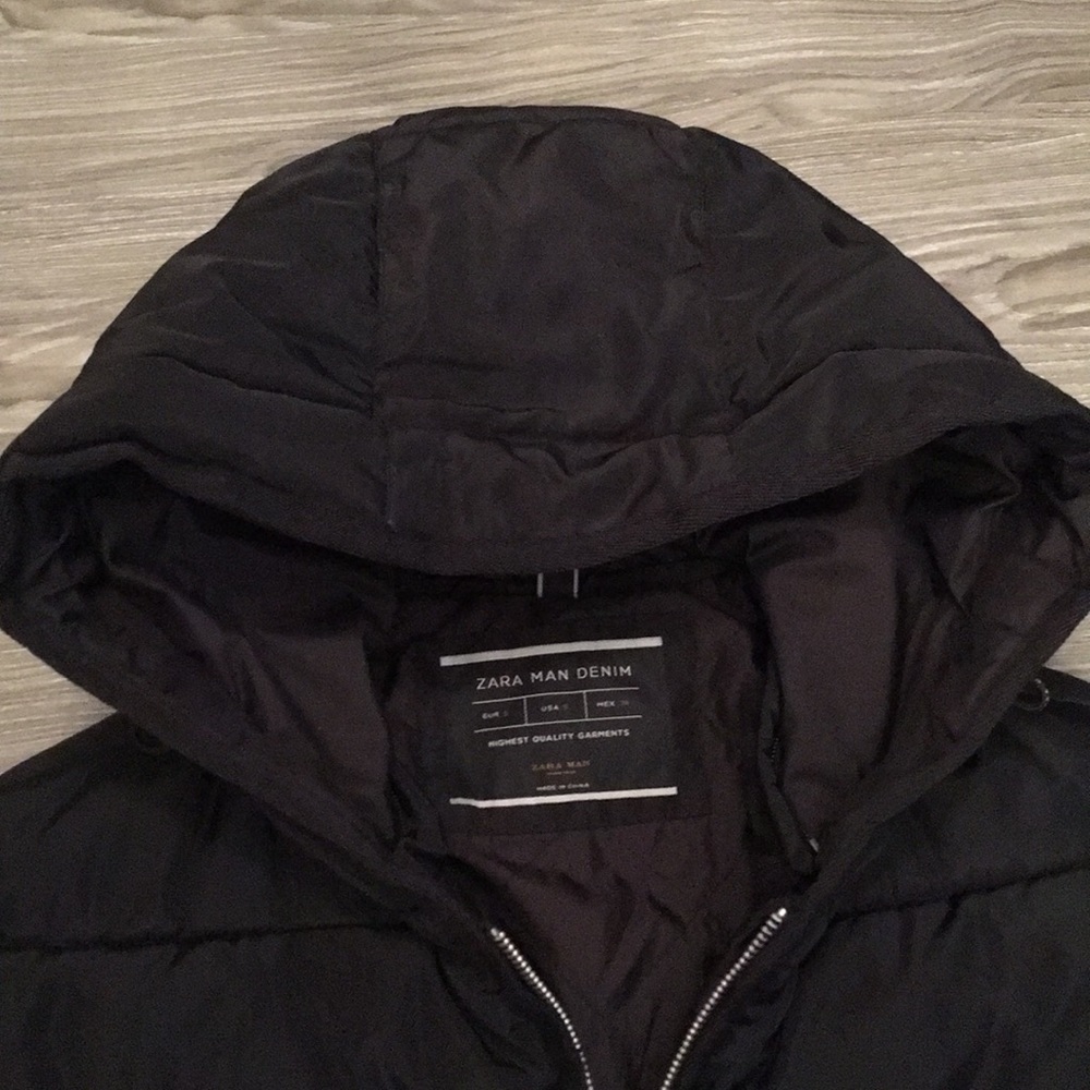 Zara man puffer hooded jacket Sz S full zip black - Picture 5 of 8